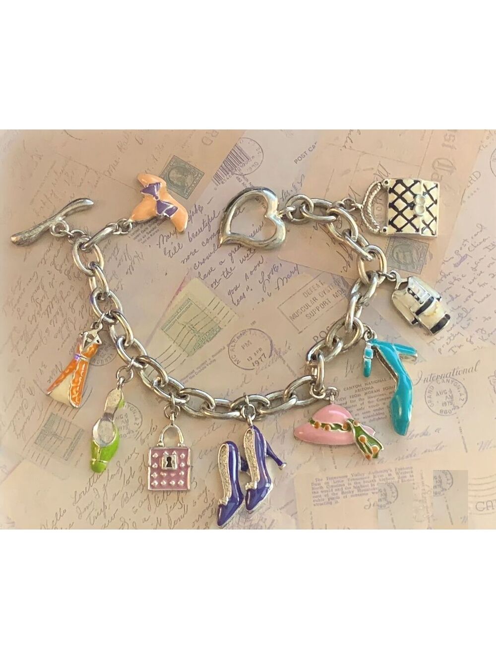 Vintage Designer Enamel Fashion Shoes And Handbags Charm Bracelet